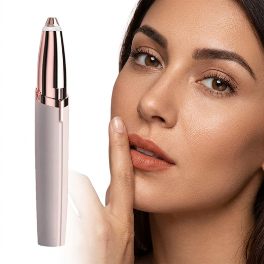 CozyCore eyebrow trimmer beside an adult model on a white background